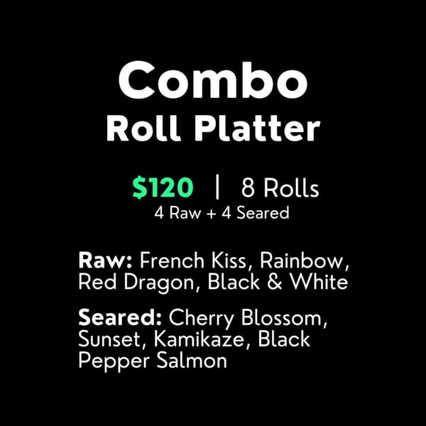 Sushi Hiro's Combo Roll Platter menu with raw and seared sushi roll names and pricing.