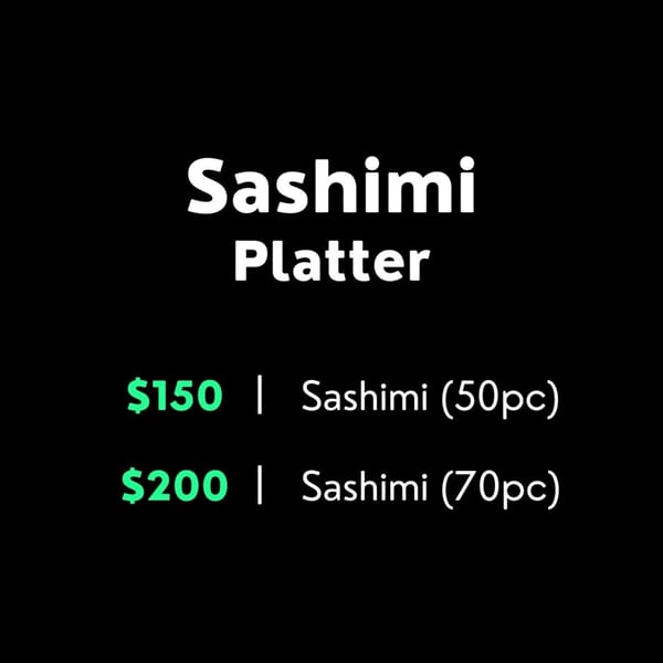 Sashimi Platter menu with prices for 50-piece and 70-piece options.
