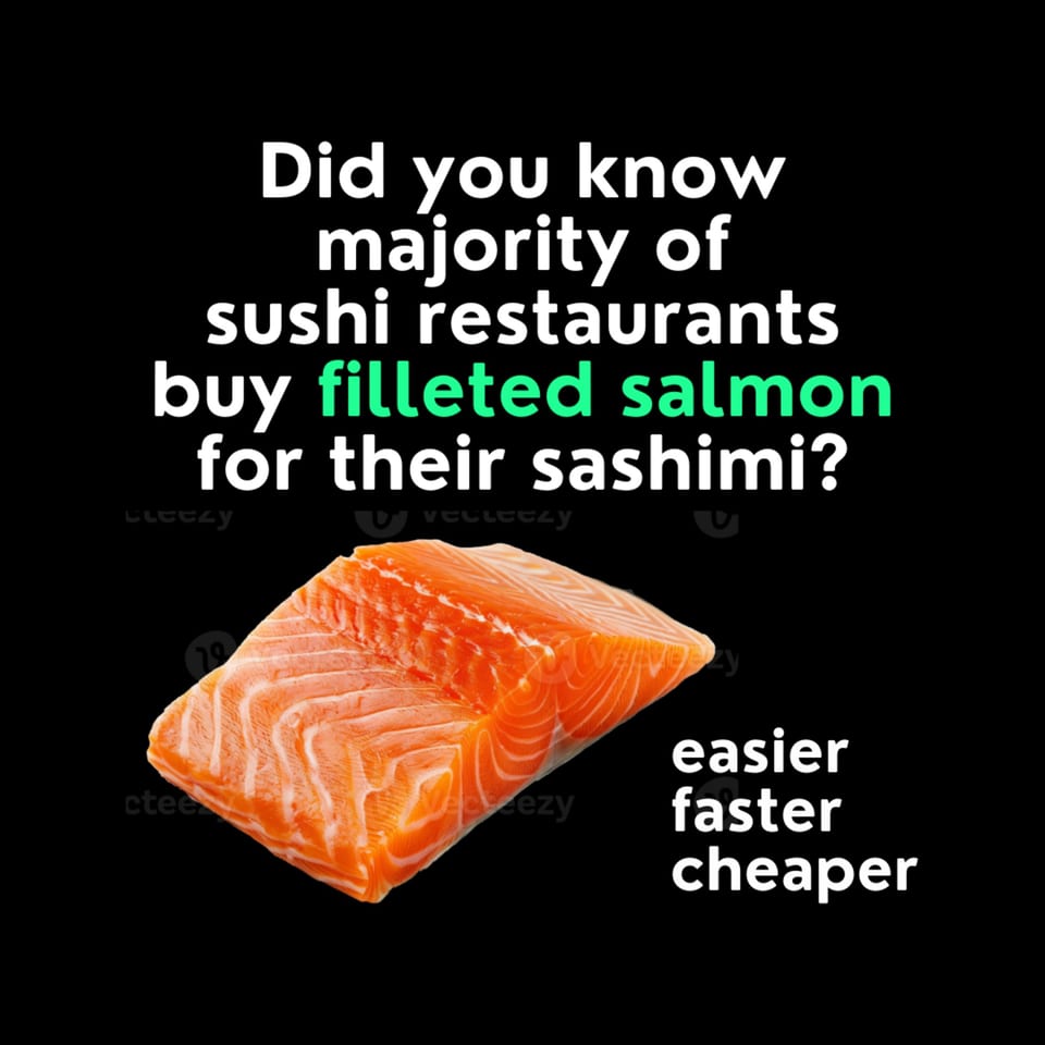 A large, vibrant orange salmon fillet on a black background with text overlay.