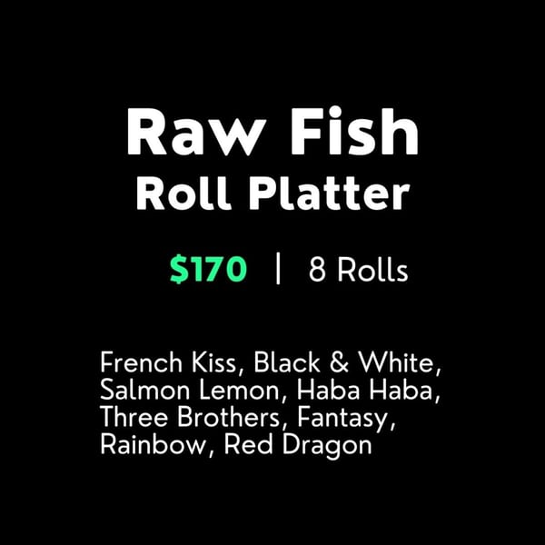 A menu item for Sushi Hiro's Raw Fish Roll Platter, priced at $170 for 8 rolls.